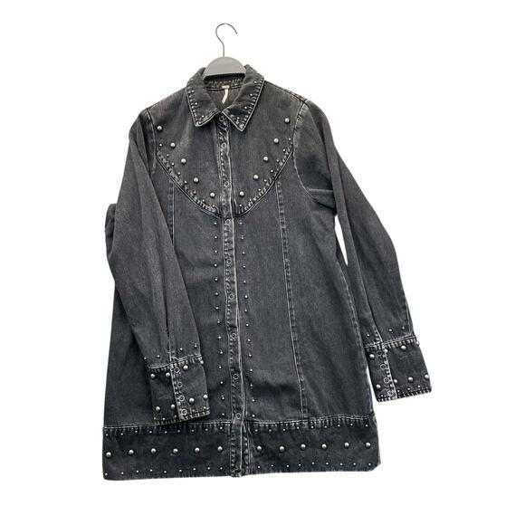 Free People Bennett Mini Denim Studded Dress Jacket Black Sz Medium - Picture 6 of 15